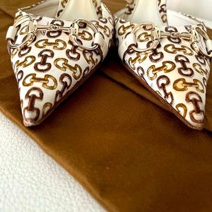 Gucci monogram gold and white heals